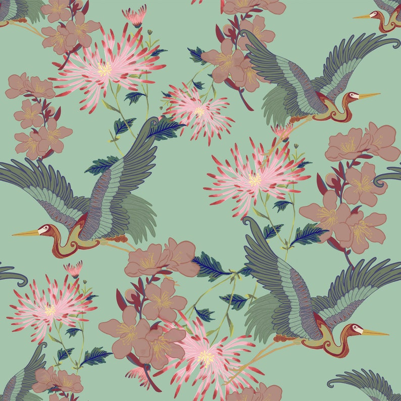 Blossom Mint, Wall Decor, Dark Decor, Luxury Wallpaper, Home Decor, House Renovation, Floral Design, Bird Design image 3