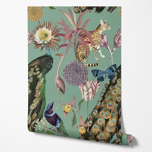Les Plumes Sea Green A3 Tapetenmuster, Wanddekoration, dunkles Dekor, Luxus Tapete, Wohnkultur, Blumenmuster, Vogel Design, Tropisches Design