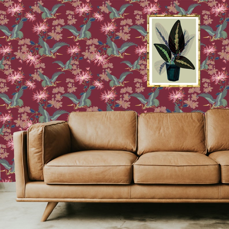 Blossom Rouge, Wall Decor, Dark Decor, Luxury Wallpaper, Home Decor, House Renovation, Floral Design, Bird Design image 4