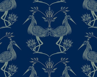 Lotus Egyptian Blue Wallpaper A4 SAMPLE , Wall Decor, Dark Decor, Luxury Wallpaper, Home Decor, House Renovation, Floral Design, Bird Design