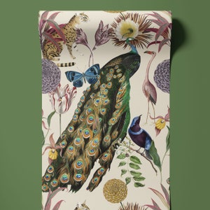 Les Plumes Elfenbein A3 Tapetenmuster, Wanddekoration, dunkles Dekor, Luxus Tapete, Wohnkultur, Blumenmuster, Vogel Design, Tropisches Design