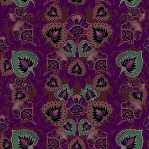 Peut inclure: Un motif sans couture avec un motif répétitif de fleurs stylisées dans des tons de violet, vert et rose sur un fond brun.
