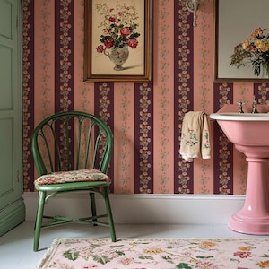 Carta da parati Chateau Stripe Peach and Burgundy, decorazioni murali, carta da parati di lusso, decorazioni per la casa, design floreale, carta da parati a righe