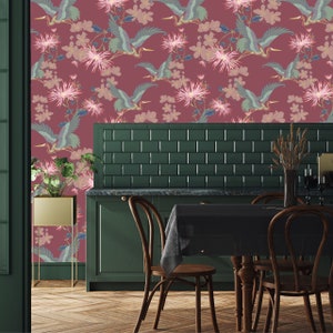 Blossom Rouge, Wall Decor, Dark Decor, Luxury Wallpaper, Home Decor, House Renovation, Floral Design, Bird Design image 5