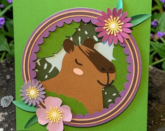 Capybara 3D birthday card, Capybara get well soon card, Capybara blank card, Smiling Capybara card, Capybara with 3d flowers greetings card