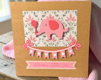 Handmade 3D Baby Elephant Card, New Baby Girl Congratulations, Personalised New Baby Girl Card