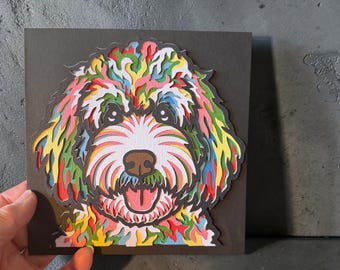 Labradoodle 3D colour splash card, Layered Labradoodle paper art card, Shadowbox Labradoodle card, Birthday to Gift and keep, Labradoodle