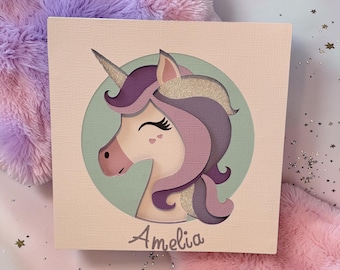 Personalised Unicorn Shadow Box Card, Pink Purple Glitter Sparkle, Layered Paper Art