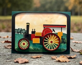 Steam Engine Card, 3D traction engine Birthday Card, layered art traction engine card, unique Father’s Day card, steam rally enthusiasts