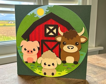 3D Farm Yard Birthday Card, Shadowbox Keepsake, Pig Sheep Cow Design, old McDonald farmyard card