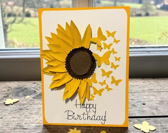 Handmade Sunflower and Butterfly Layered Paper Art Card, Customisable Greeting Card (7x5 inches)