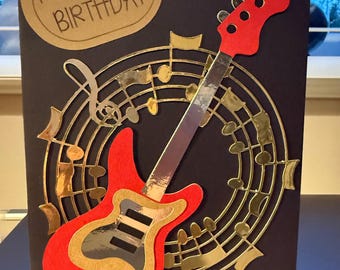 Handmade Guitar Card, Gold Foil Music Notes, Rock Birthday, Personalised Message, Fathers Day Rock Music Card