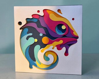 Chameleon 3d greetings card, Chameleon birthday card, personalised Chameleon gift card, ready to be framed Chameleon card, paper art card