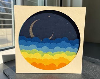 Layered 3D Night Sky Card, to the Moon and Stars, Clouds and Moon Paper Art Keepsake Card, Twinkling stars 3D card.