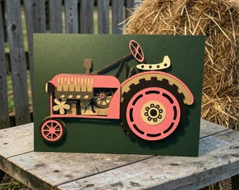 Pink Tractor 3D handmade card, Layered paper art old fashioned pink tractor, Unique Personalised Pink 3D tractor card,