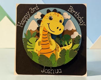 Handmade Yellow Dinosaur 3D Shadowbox Birthday Card, Personalised Keepsake Paper Art