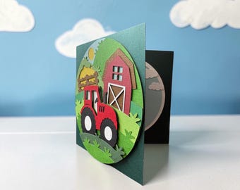 Tractor Birthday Card, 3D Farm Scene, Boys farm yard birthday card, Red or Yellow Tractor Options
