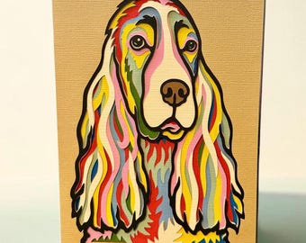 Cocker Spaniel 3D colour splash card, Layered Cocker Spaniel paper art card, Shadowbox Cocker Spaniel card, cute spaniel Birthday card