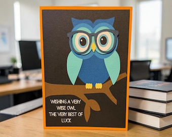 Handmade Wise Owl Good Luck Card, Personalised Exam Wishes, Layered Paper Art