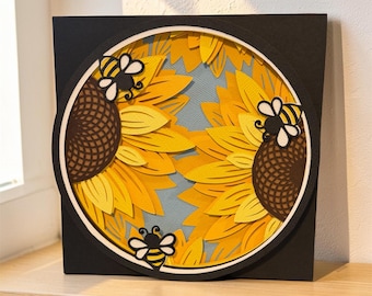 Layered Yellow Sunflowers and Bees Card, 3D Paper Art Flower Card, Keepsake Shafow Box Card