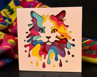 Cat 3D colour splash greetings card, cat paper art personalised card, Shadowbox cat card, Colour splash cat wall art, cards for framing