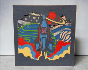 3D Rocket Ship and Planets Birthday Card, Layered Paper Art Keepsake