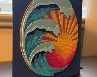 Handmade 3D Sunset Waves Card, Personalised Keepsake Gift, Mental Health Card. Paper Art Cards