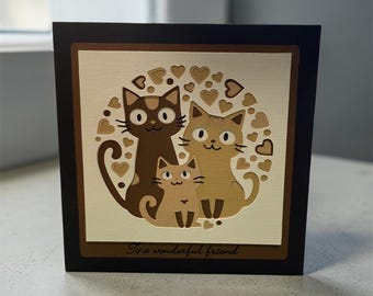 Layered Cat Family Card, Personalised Best Friend Birthday Card, Paper Art Greeting Card