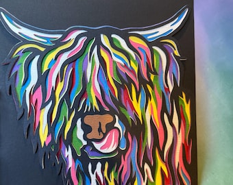 Highland Cow 3D colour splash card, Layered Highland Cow paper art card, Shadowbox Highland Cow card, Birthday keepsake gift, Highland Cow