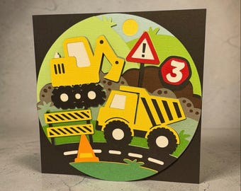 Construction Digger Birthday Card, 3D Shadowbox Keepsake, Personalised Boys Roadworks Card