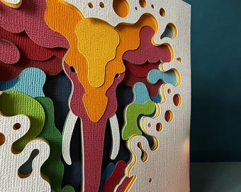 Elephant 3D colour splash card, Elephant paper art personalised card, Shadowbox Elephant card, Bull Elephant wall art, cards for framing