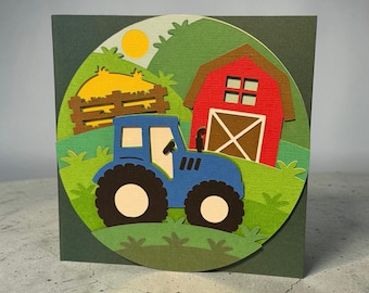 3D Tractor Birthday Card, Farm Scene, Boys farmyard birthday card, Red or Yellow Tractor Options
