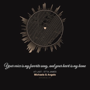 May include: A black and gold print featuring a circular map with a heart symbol, surrounded by a stylized skyline. The text reads "Your voice is my favorite song, and your heart is my home." Below, it says "Michaela & Angelo 2016.06.02 | NY."