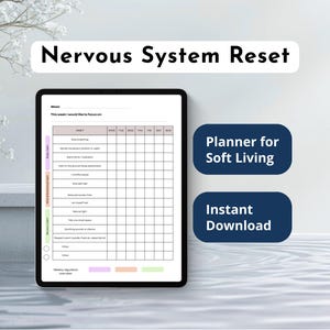 Może przedstawiać: Cyfrowy planer na tablecie z tekstem "Nervous System Reset". Planer zawiera tygodniowy tracker nawyków z polami wyboru. Dodatkowy tekst brzmi "Planner for Soft Living" i "Instant Download."