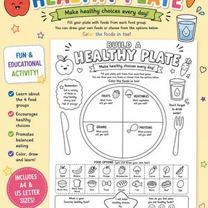 Kids Healthy Plate Printable, Food Groups Activity, Nutrition Worksheet (Digital Download)