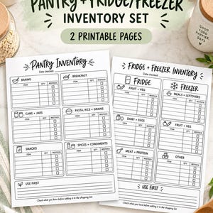 May include: Two printable inventory pages titled Pantry + Fridge/Freezer Inventory Set. The sheets feature organized sections for tracking food items, quantities, and restock needs, with categories like Baking, Breakfast, Cans, Jars, and Meat.