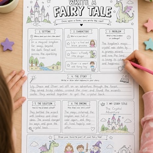 Könnte beinhalten: Ein weißes Arbeitsblatt mit der Überschrift Write a Fairy Tale, das schwarze Strichzeichnungen einer Burg, eines Drachen und sieben Abschnitte zum Ausfüllen von Geschichte-Elementen wie Schauplatz, Charaktere, Problem und Lösung enthält.