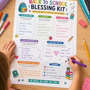 May include: A Back to School Blessing Kit activity sheet with colorful illustrations and text. It features six sections for students to write goals, prayers, and reflections, including prompts like I am excited about, I hope to, and I will need.