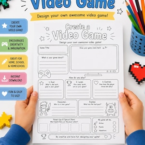 May include: A white printable worksheet titled Create a Video Game with sections for game title, scene drawing, goals, levels, controls, characters, enemies, and power-ups. The page features black line art icons of a controller, trophy, heart, and sword.