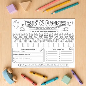 Hoja de trabajo sobre los 12 discípulos de Jesús / Actividad bíblica para niños (Descarga digital)