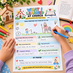 May include: A printed activity sheet titled What I Learned At Church with colourful illustrations and sections for children to write about a Bible lesson. The sheet features a hand-drawn scene of David and Goliath, with handwritten text.