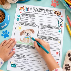 Pode incluir: Uma folha de atividades em papel branco intitulada Be A Veterinarian com seções para detalhes do paciente, um desenho de um cão castanho, sintomas, notas de exame, perguntas ao dono e um plano de cuidados com ícones de patas coloridas.