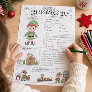 Może przedstawiać: Biała karta pracy zatytułowana Create a Christmas Elf z czarnymi rysunkami liniowymi i kolorowymi ilustracjami elfa, domku z piernika oraz zabawkowego pociągu. Arkusz zawiera sekcje na imię elfa, cechy, ulubione rzeczy oraz miejsce na opowiadanie.