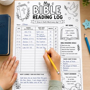 Może przedstawiać: Biały arkusz papieru do rejestrowania czytania Biblii z czarnym tekstem i ilustracjami liniowymi przedstawiającymi Biblię, gołębicę i jagnię. Formularz zawiera sekcje na datę, fragment, tytuł czytania, minuty, cele oraz miejsce na notatki.