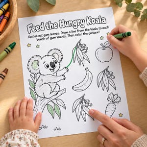 Op de afbeelding: Een wit activiteitenblad getiteld Feed the Hungry Koala met een zwart-witte lijntekening van een koala op een tak, eucalyptusbladeren, een appel, een banaan en een wortel. De pagina bevat instructies om lijnen te trekken en te kleuren.