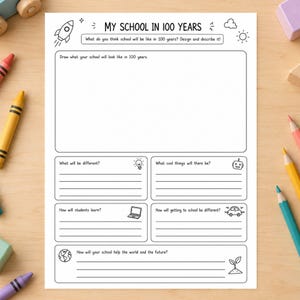My School in 100 Years Printable Worksheet | Future Writing Drawing Activity (Digital Download)