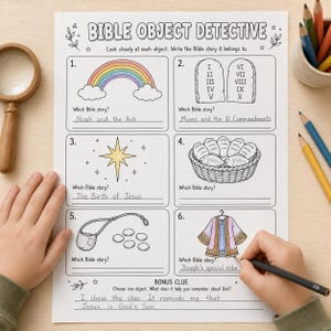 May include: A white activity sheet titled Bible Object Detective with six numbered boxes containing illustrations of a rainbow, stone tablets, a star, a basket of bread and fish, a sling with stones, and a robe, with handwritten answers in pencil.