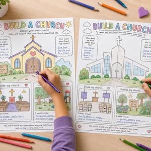 Puede incluir: Dos hojas de actividades Build a Church con ilustraciones de edificios de iglesias y espacios interiores. Las páginas incluyen indicaciones para escribir y dibujar, con texto como Build a Church, Inside my church y Outside my church, junto a dibujos coloridos de edificios, árboles y cruces.