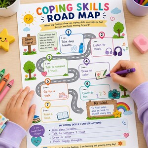 Coping Skills Road Map Worksheet for Kids | Coping Strategies Printable | Emotional Regulation Activity