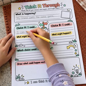 May include: A white educational worksheet titled Think It Through with sections for What is happening, Choice A, Choice B, and a drawing box. The page features colourful pastel headers, small illustrations of rocks, stars, and a lightbulb, and handwritten text in pencil.